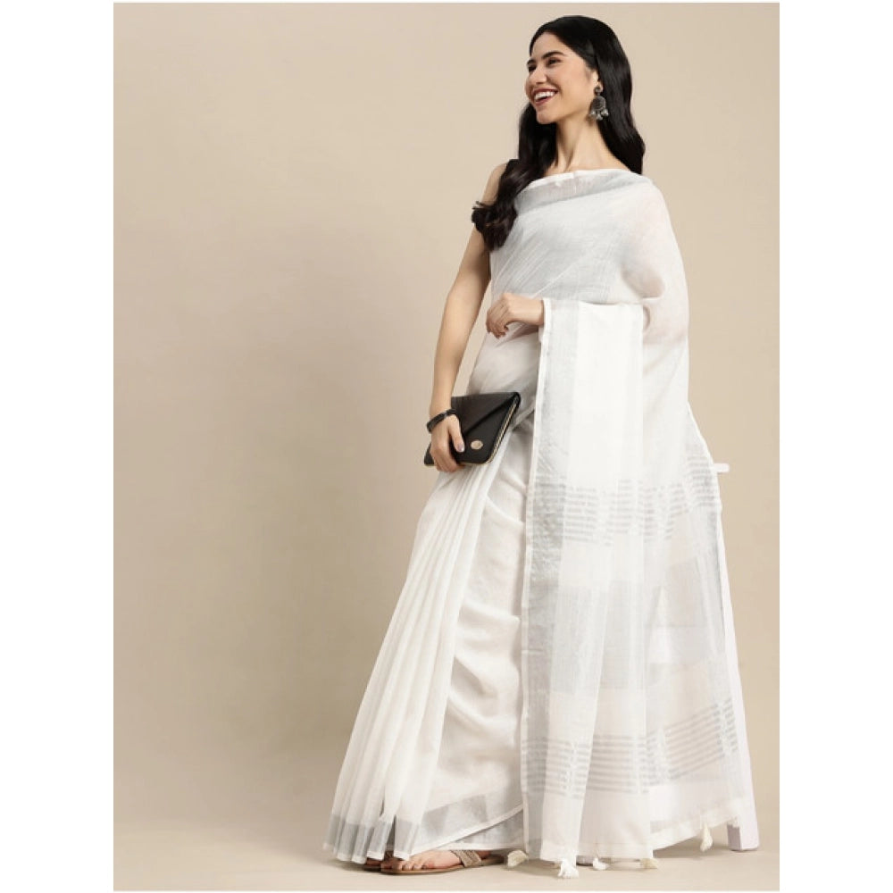 Women's Linen Cotton Printed Saree With Unstitched Blouse 5.5 Mtr (White)