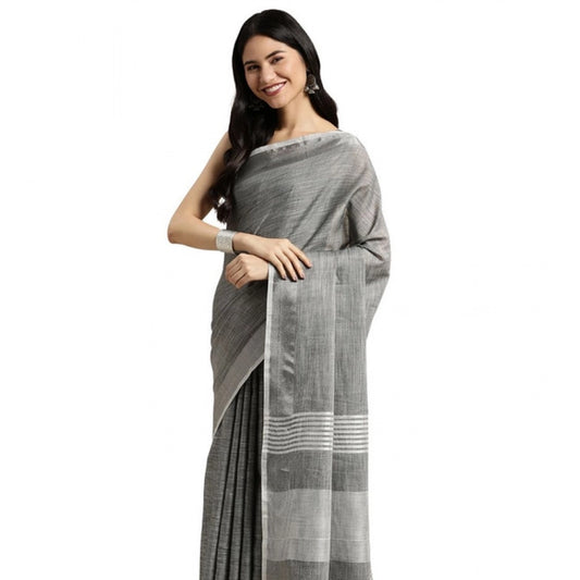 Women's Linen Cotton Printed Saree With Unstitched Blouse 5.5m (Dark Grey)