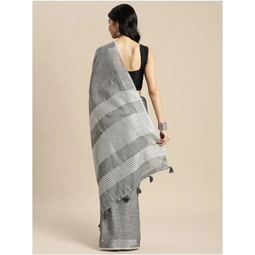 Women's Linen Cotton Printed Saree With Unstitched Blouse 5.5 Mtr (Dark Grey)