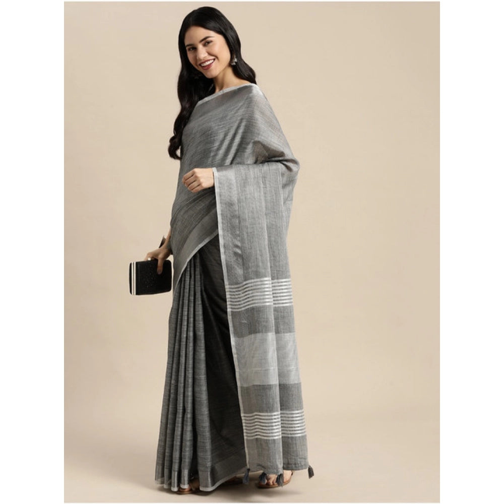 Women's Linen Cotton Printed Saree With Unstitched Blouse 5.5 Mtr (Dark Grey)