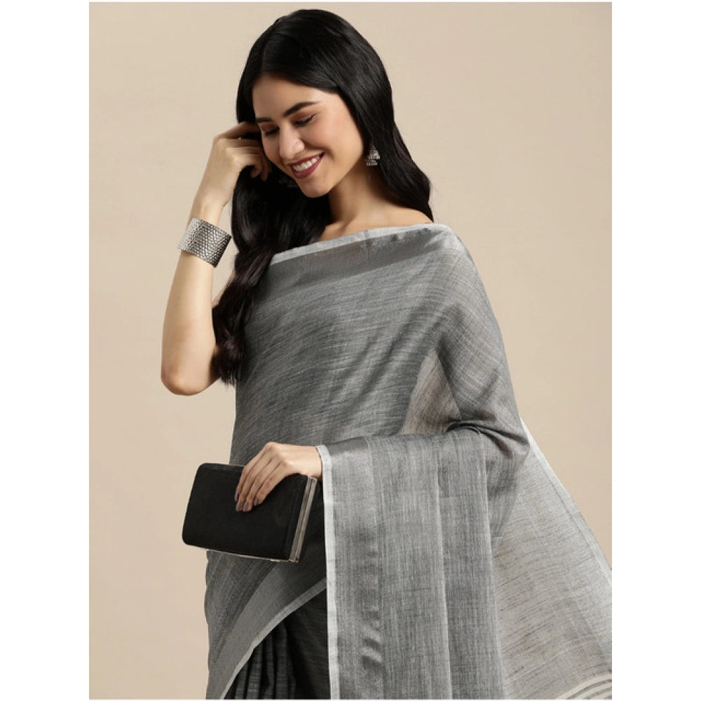 Women's Linen Cotton Printed Saree With Unstitched Blouse 5.5 Mtr (Dark Grey)