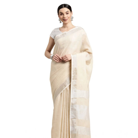Women's Linen Cotton Printed Saree With Unstitched Blouse 5.5m (Cream)