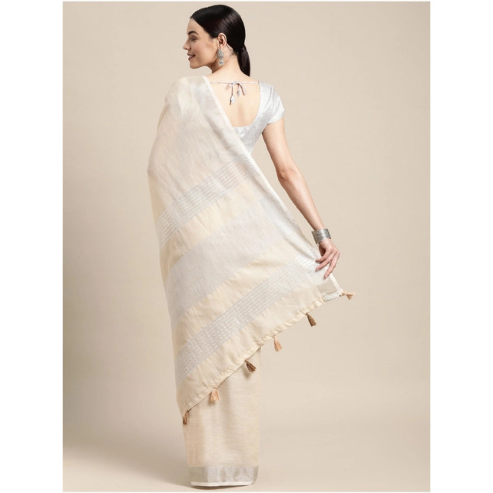Women's Linen Cotton Printed Saree With Unstitched Blouse 5.5 Mtr (Cream)