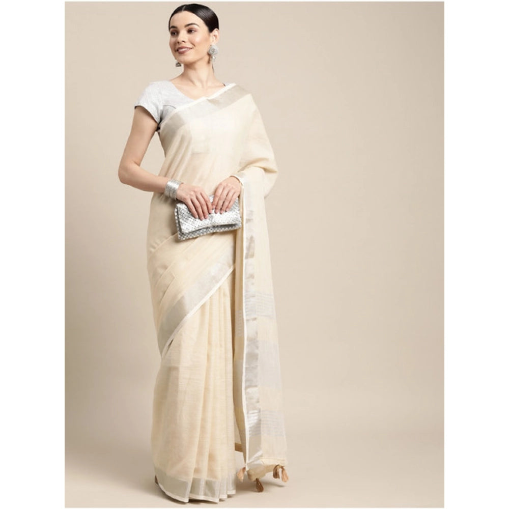 Women's Linen Cotton Printed Saree With Unstitched Blouse 5.5 Mtr (Cream)