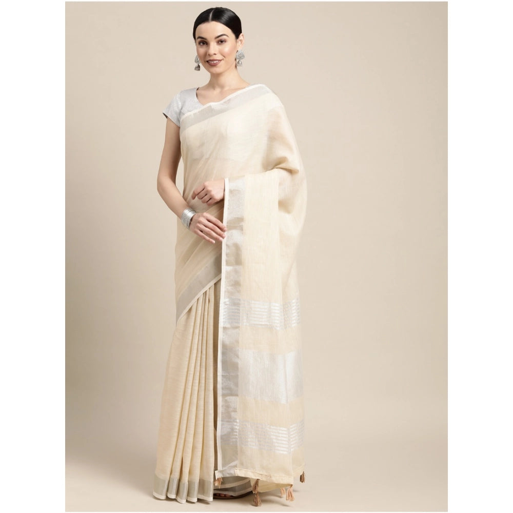 Women's Linen Cotton Printed Saree With Unstitched Blouse 5.5 Mtr (Cream)