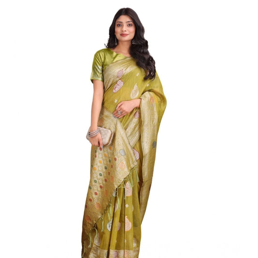 Women's Linen Cotton Printed Saree With Unstitched Blouse 5.5m (Mustrad)