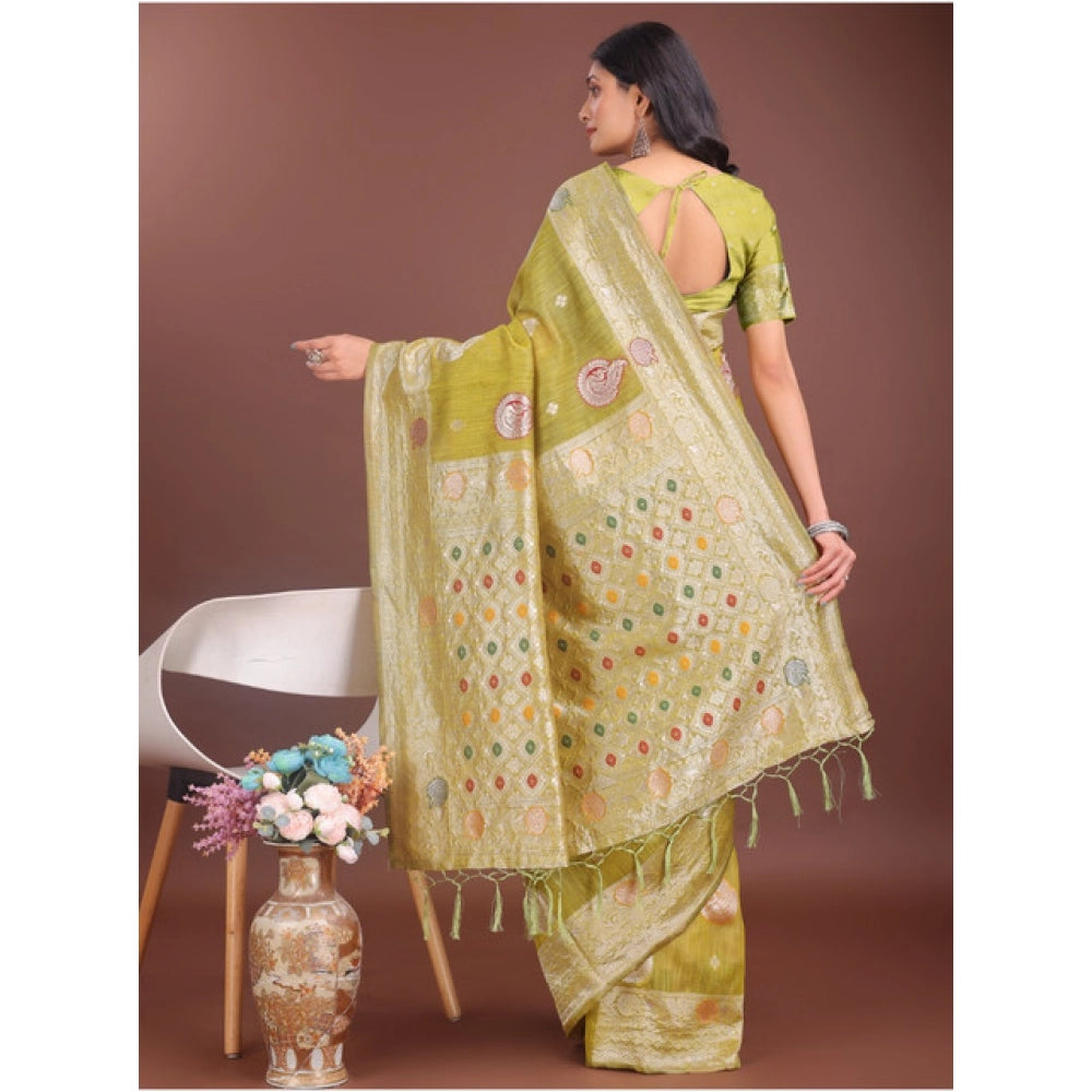 Women's Linen Cotton Printed Saree With Unstitched Blouse 5.5 Mtr (Mustrad)
