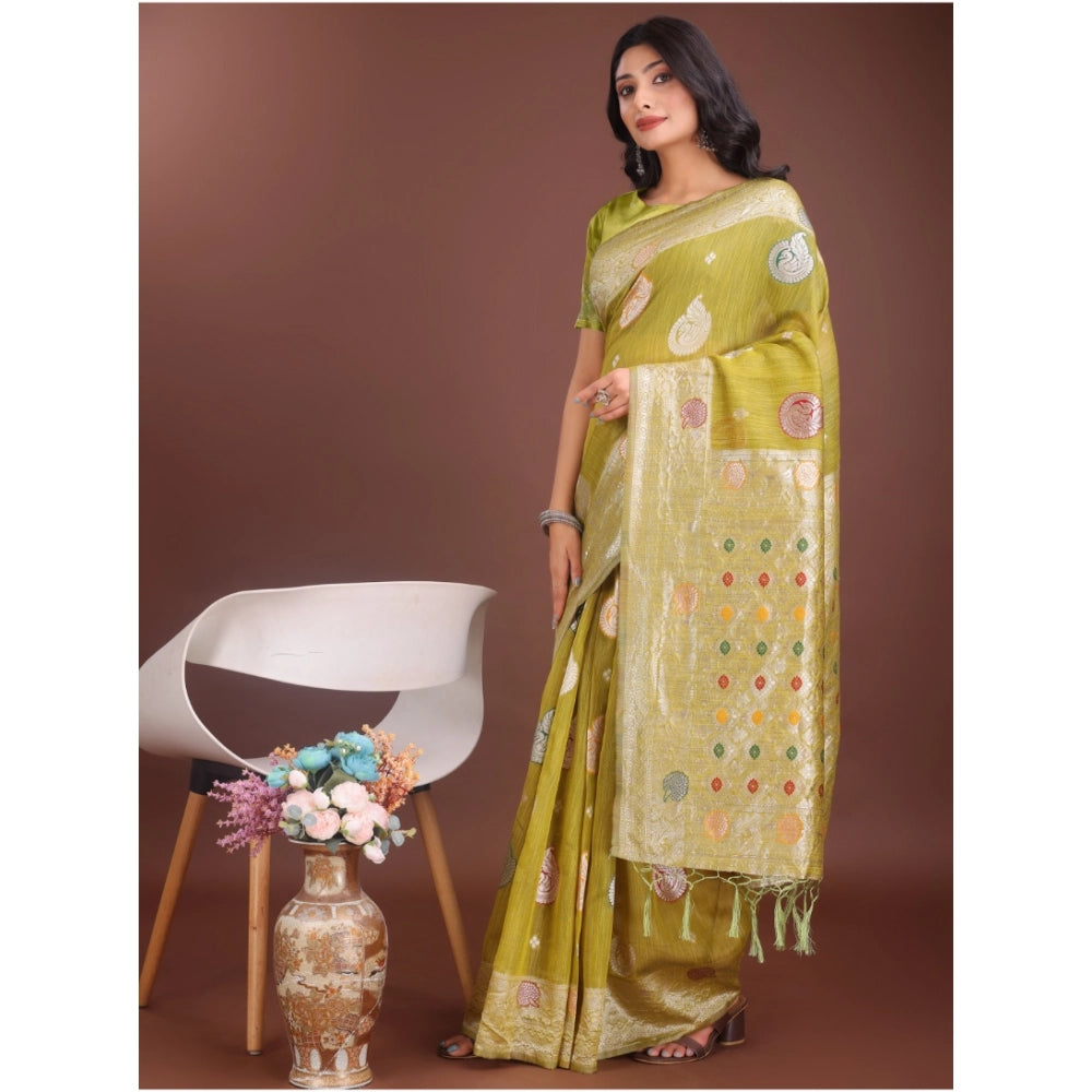 Women's Linen Cotton Printed Saree With Unstitched Blouse 5.5 Mtr (Mustrad)