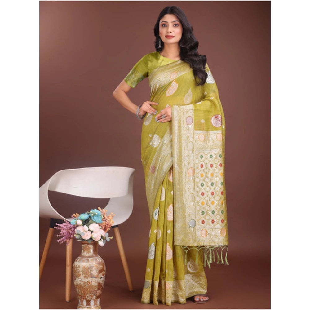Women's Linen Cotton Printed Saree With Unstitched Blouse 5.5 Mtr (Mustrad)