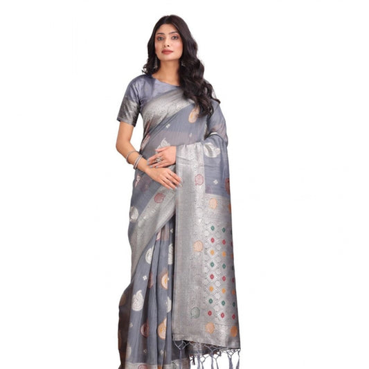 Women's Linen Cotton Printed Saree With Unstitched Blouse 5.5m (Grey)
