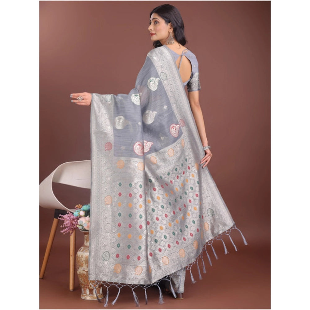 Women's Linen Cotton Printed Saree With Unstitched Blouse 5.5 Mtr (Grey)
