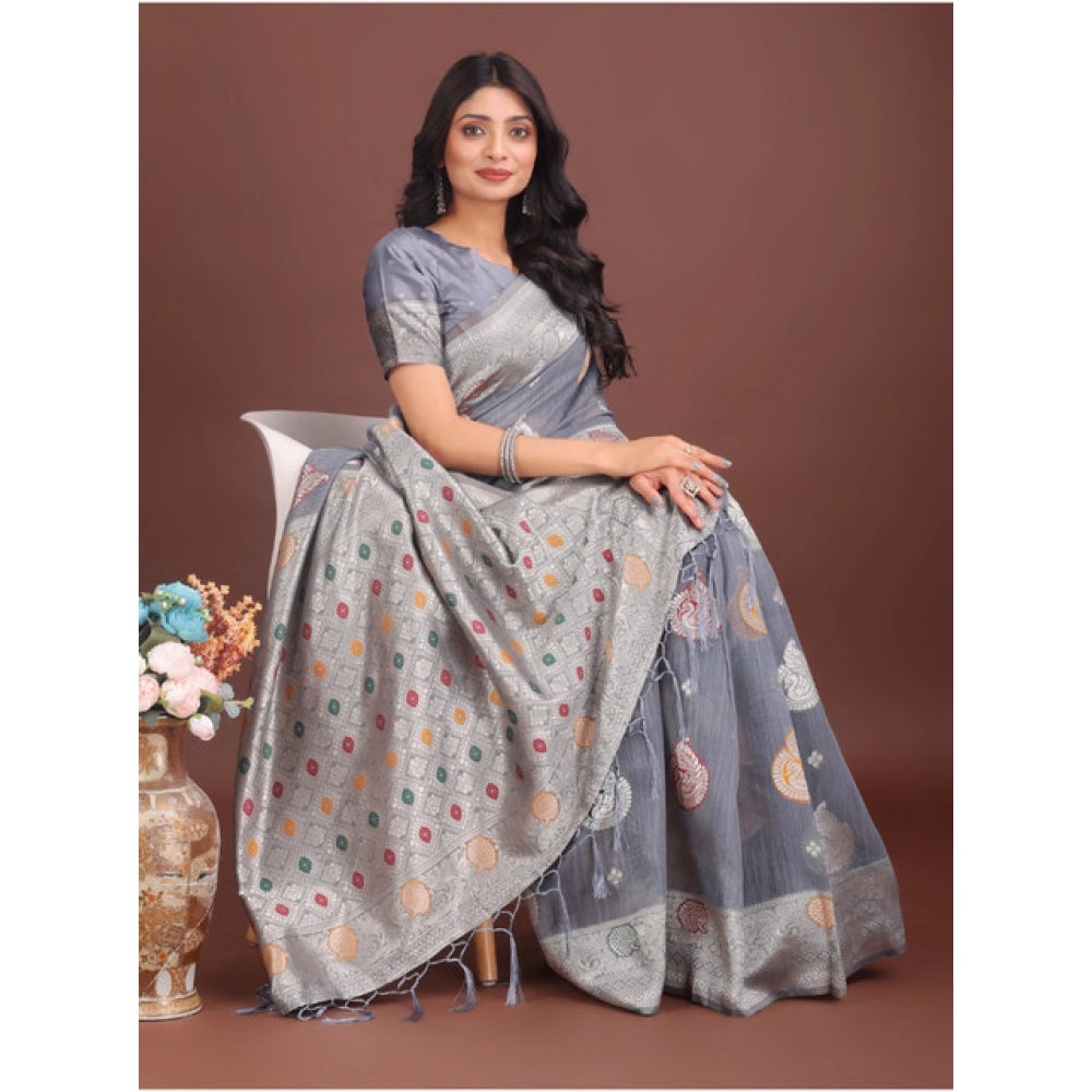 Women's Linen Cotton Printed Saree With Unstitched Blouse 5.5 Mtr (Grey)