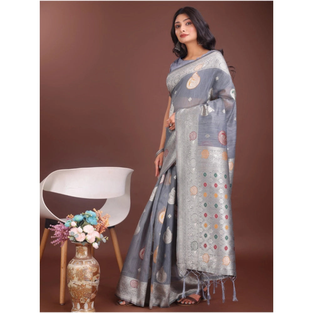 Women's Linen Cotton Printed Saree With Unstitched Blouse 5.5 Mtr (Grey)