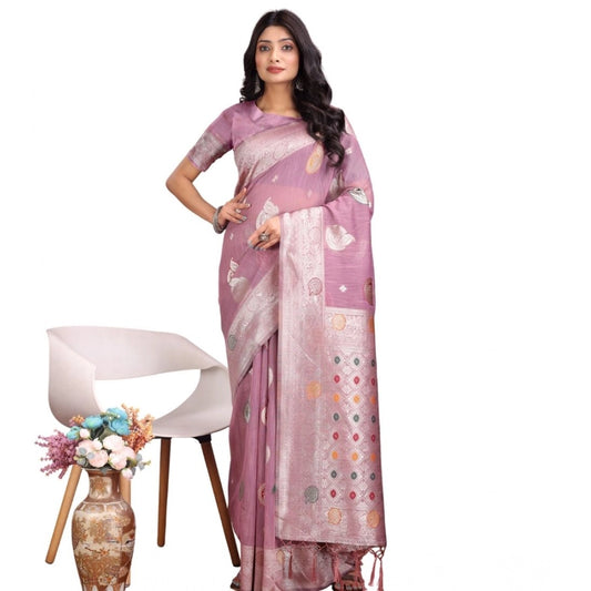 Women's Linen Cotton Printed Saree With Unstitched Blouse 5.5m (Purple)