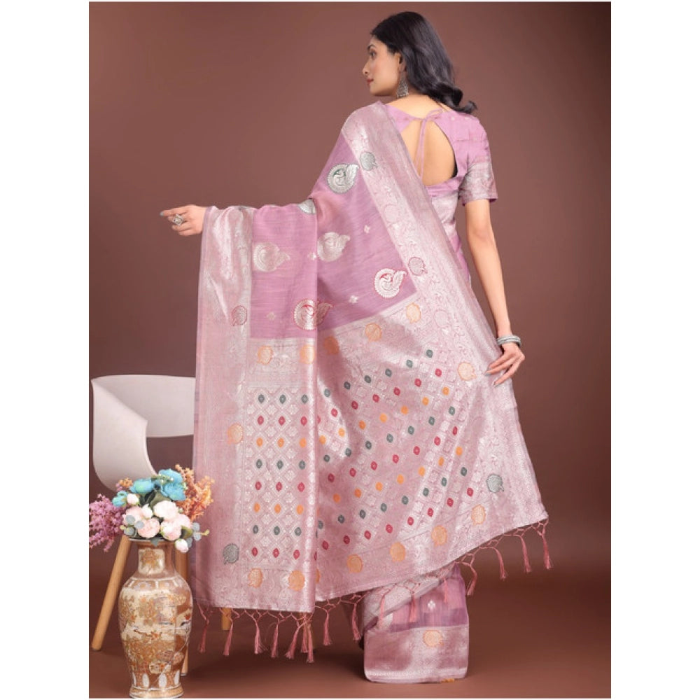 Women's Linen Cotton Printed Saree With Unstitched Blouse 5.5 Mtr (Purple)