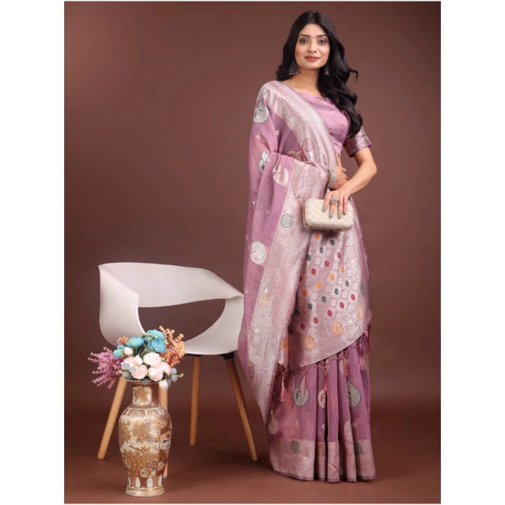 Women's Linen Cotton Printed Saree With Unstitched Blouse 5.5 Mtr (Purple)