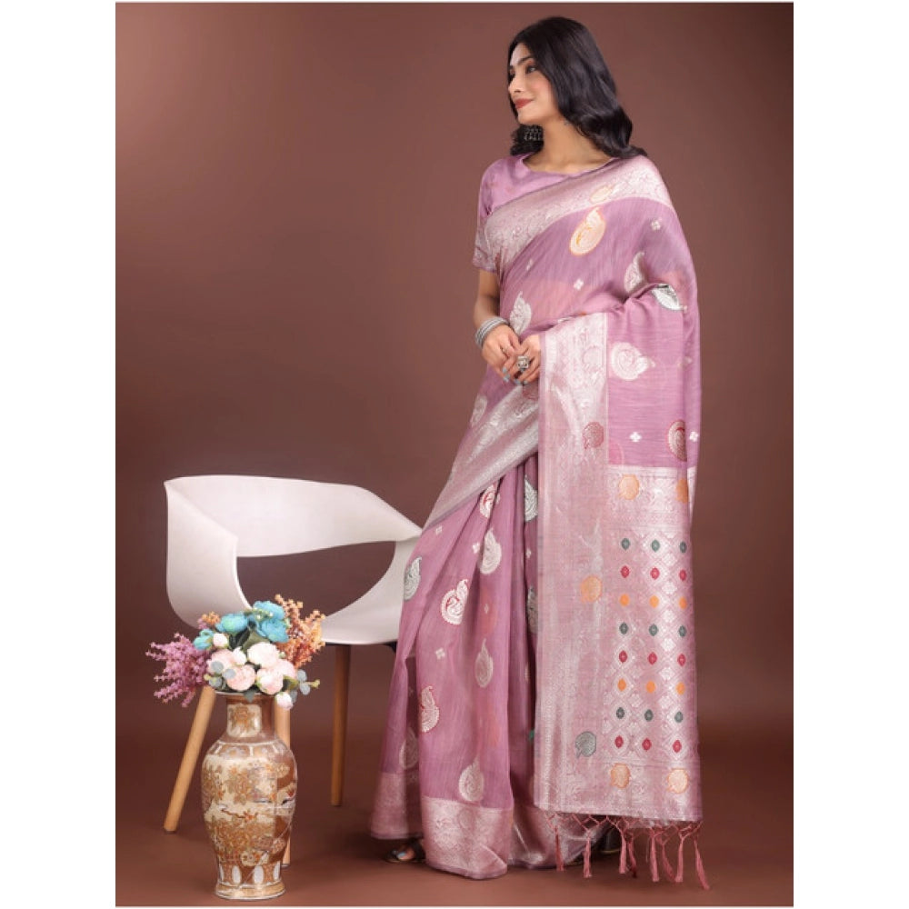 Women's Linen Cotton Printed Saree With Unstitched Blouse 5.5 Mtr (Purple)