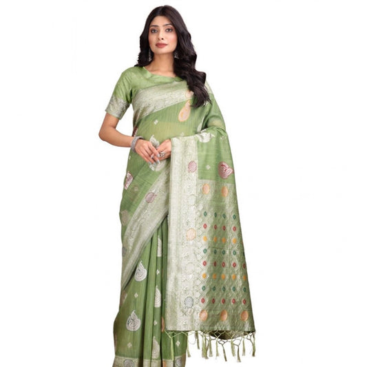 Women's Linen Cotton Printed Saree With Unstitched Blouse 5.5m (Light Green)