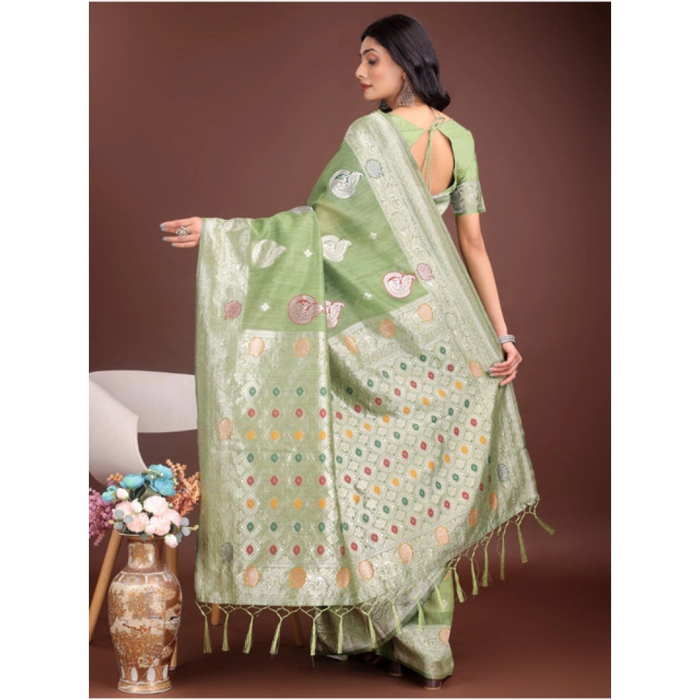 Women's Linen Cotton Printed Saree With Unstitched Blouse 5.5 Mtr (Light Green)