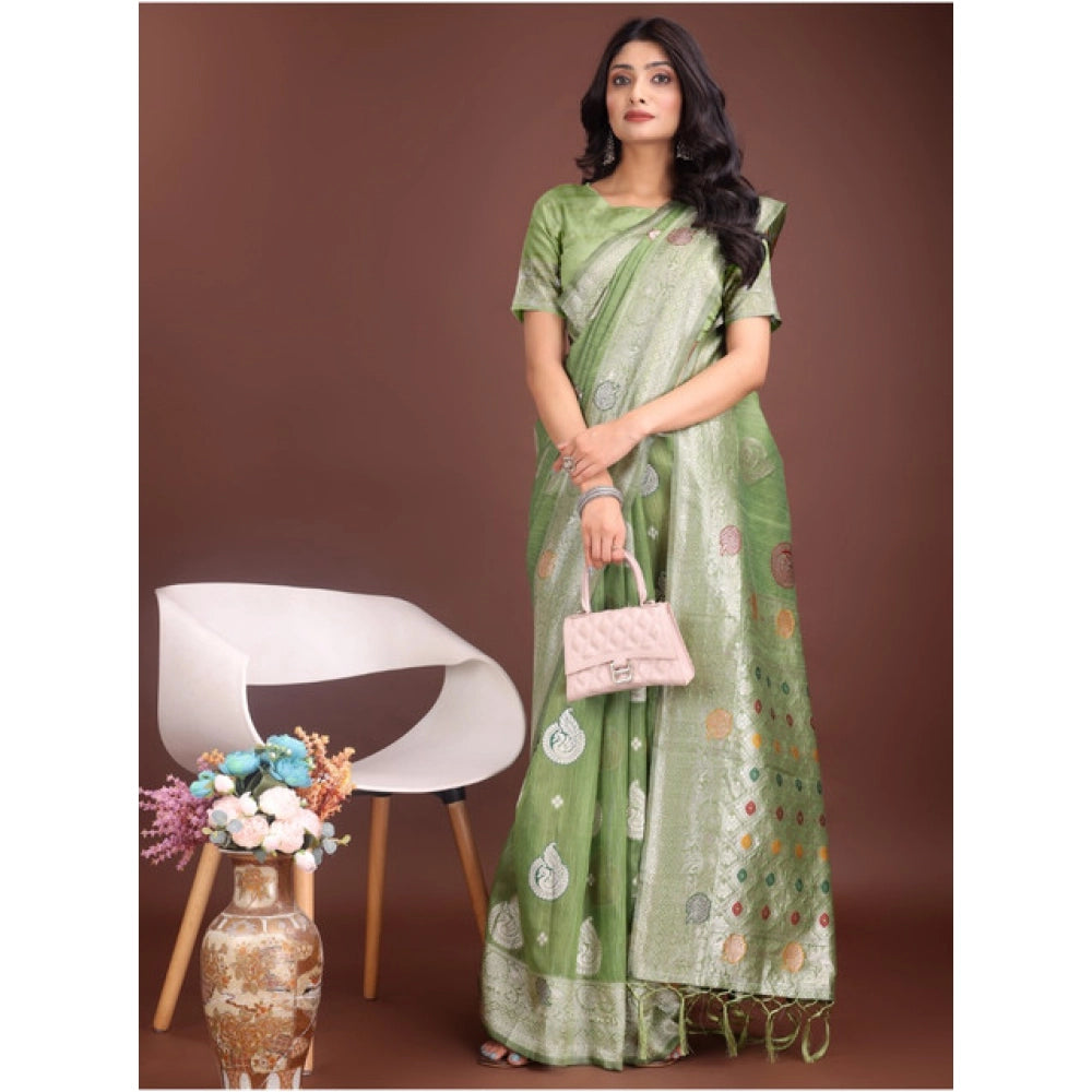 Women's Linen Cotton Printed Saree With Unstitched Blouse 5.5 Mtr (Light Green)