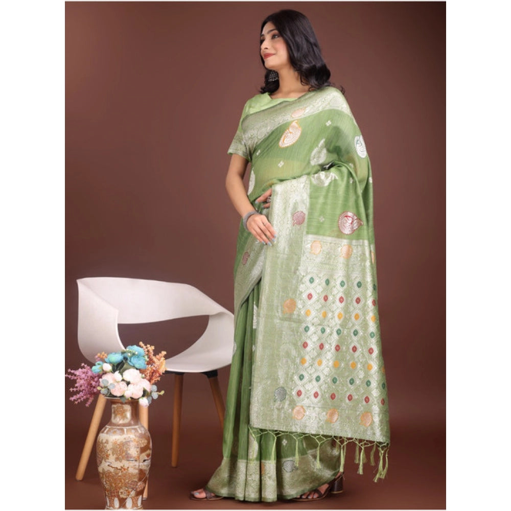 Women's Linen Cotton Printed Saree With Unstitched Blouse 5.5 Mtr (Light Green)