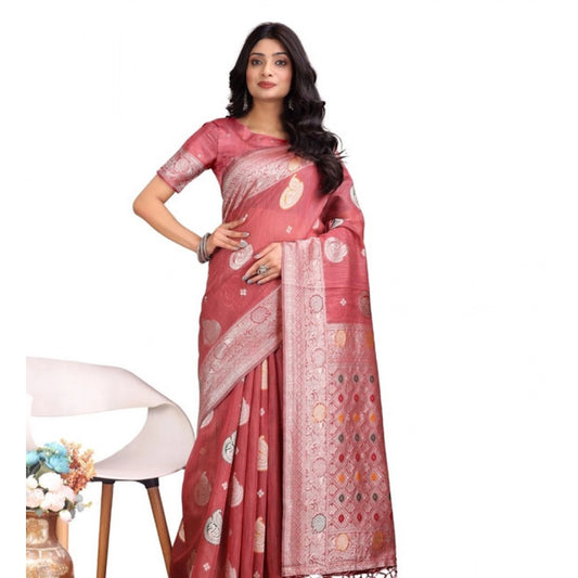 Women's Linen Cotton Printed Saree With Unstitched Blouse 5.5m (Pink)