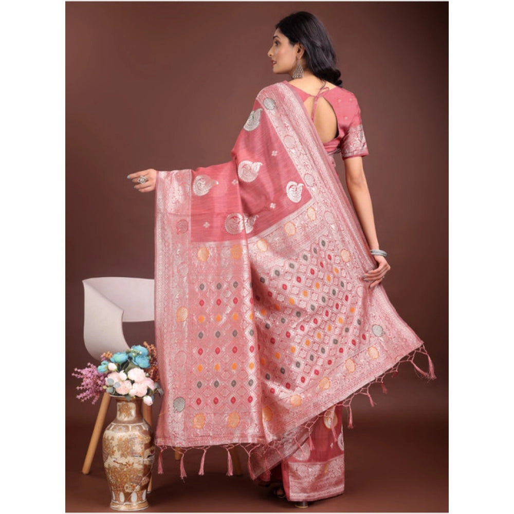 Women's Linen Cotton Printed Saree With Unstitched Blouse 5.5 Mtr (Pink)