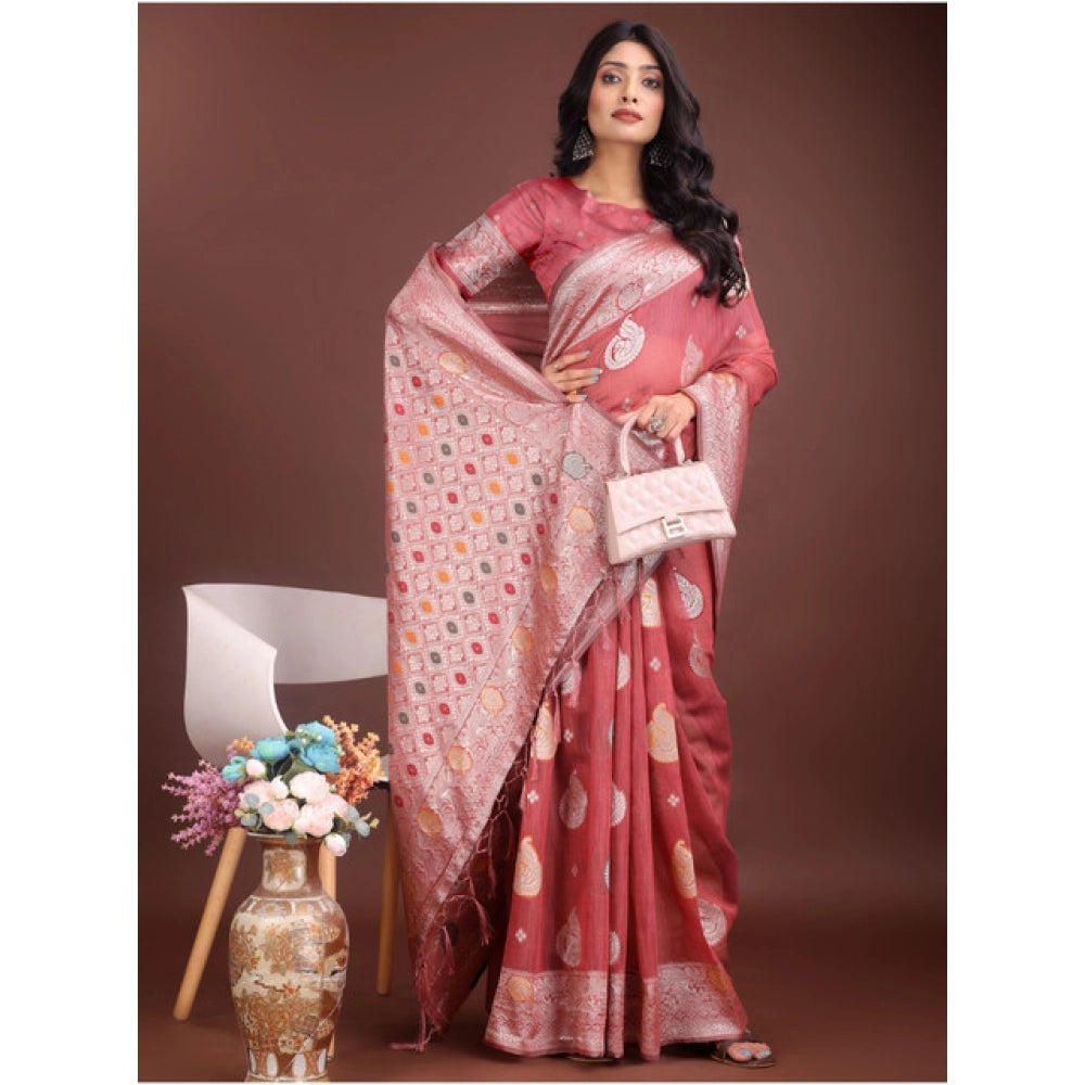 Women's Linen Cotton Printed Saree With Unstitched Blouse 5.5 Mtr (Pink)