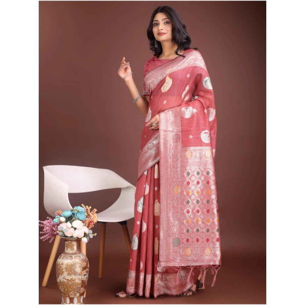 Women's Linen Cotton Printed Saree With Unstitched Blouse 5.5 Mtr (Pink)