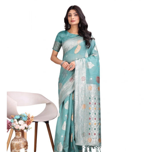 Women's Linen Cotton Printed Saree With Unstitched Blouse 5.5m (Sea Green)