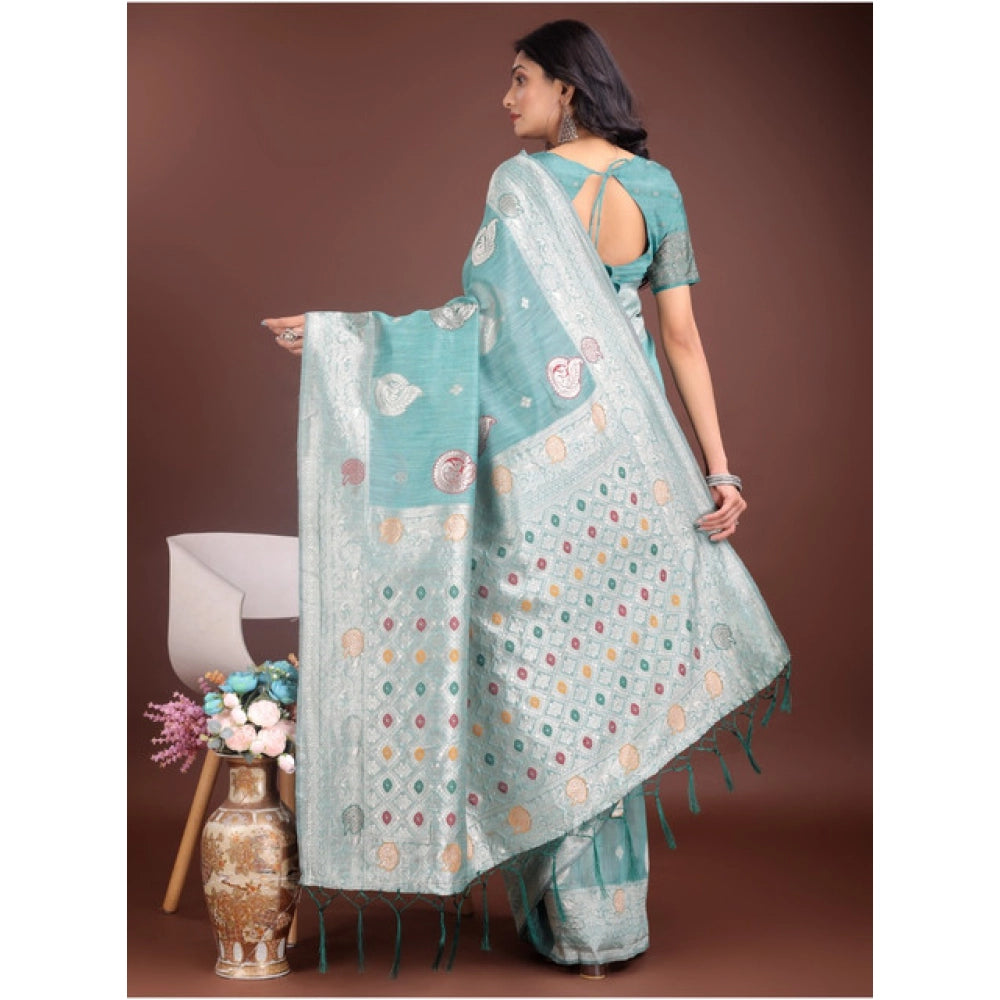 Women's Linen Cotton Printed Saree With Unstitched Blouse 5.5 Mtr (Sea Green)