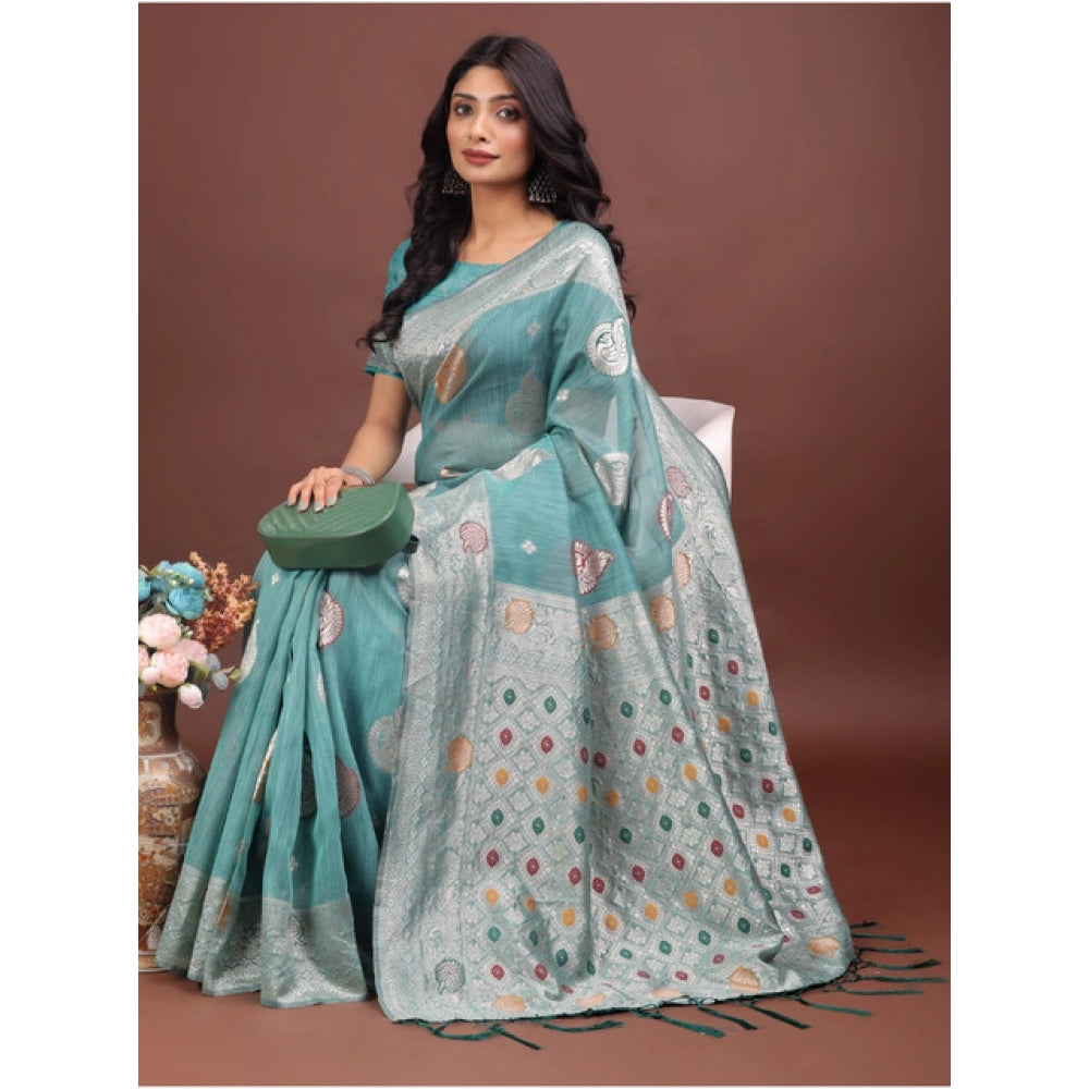 Women's Linen Cotton Printed Saree With Unstitched Blouse 5.5 Mtr (Sea Green)
