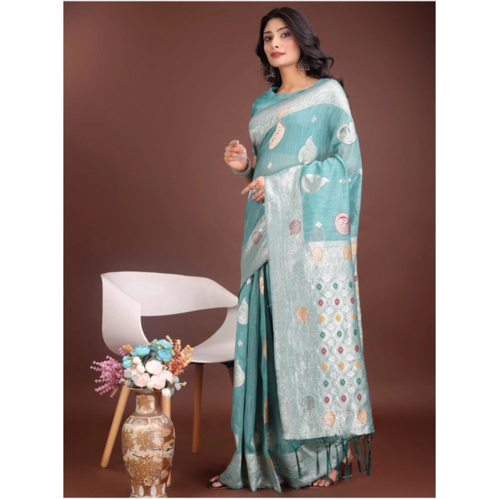 Women's Linen Cotton Printed Saree With Unstitched Blouse 5.5 Mtr (Sea Green)