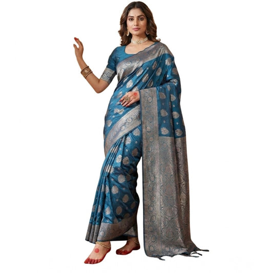 Women's Silk Blend Printed Saree With Unstitched Blouse 5.5m (Teal Blue)