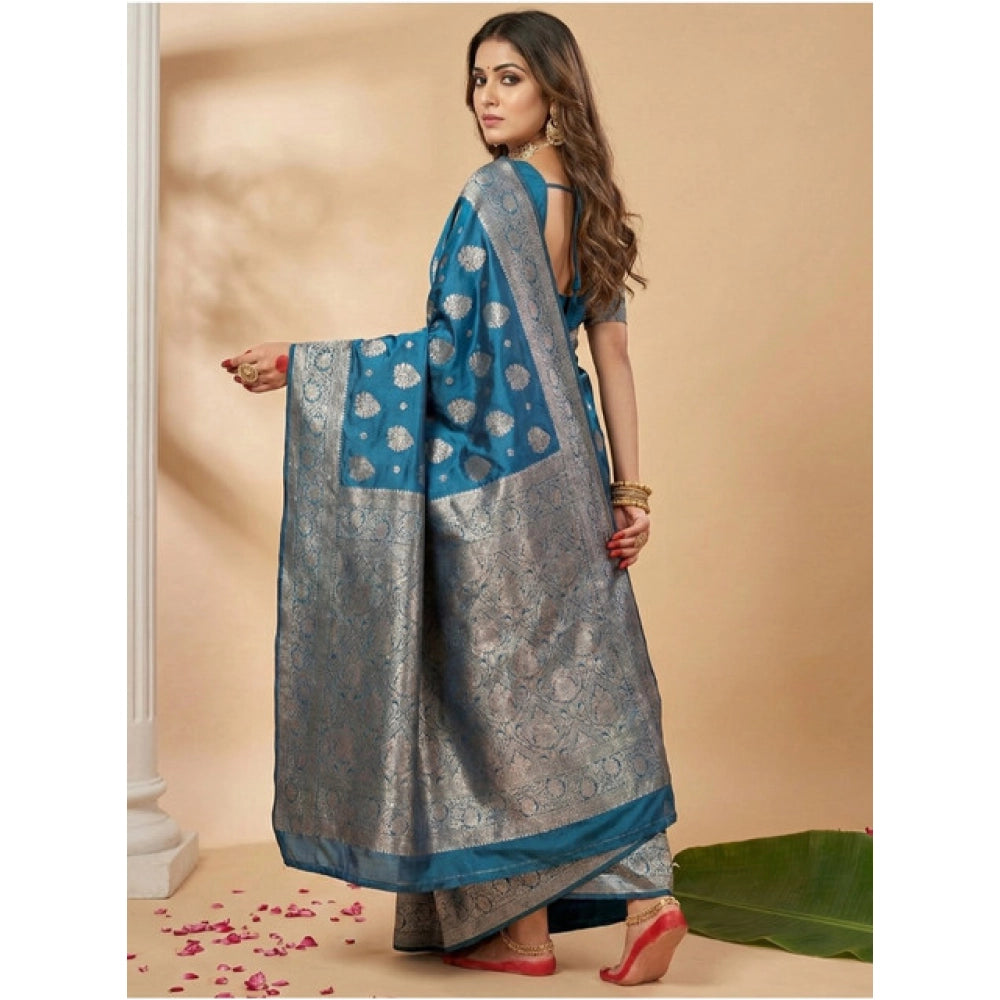 Women's Silk Blend Printed Saree With Unstitched Blouse 5.5 Mtr (Teal Blue)
