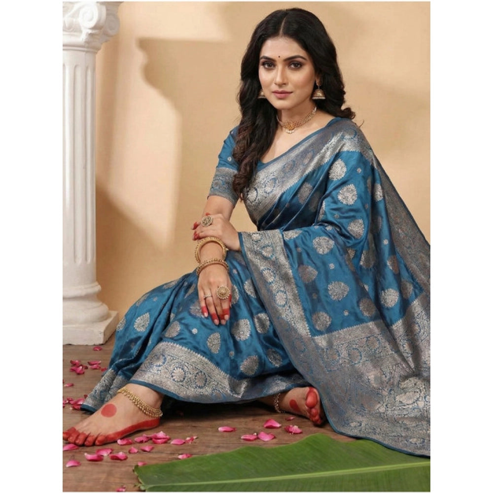 Women's Silk Blend Printed Saree With Unstitched Blouse 5.5 Mtr (Teal Blue)