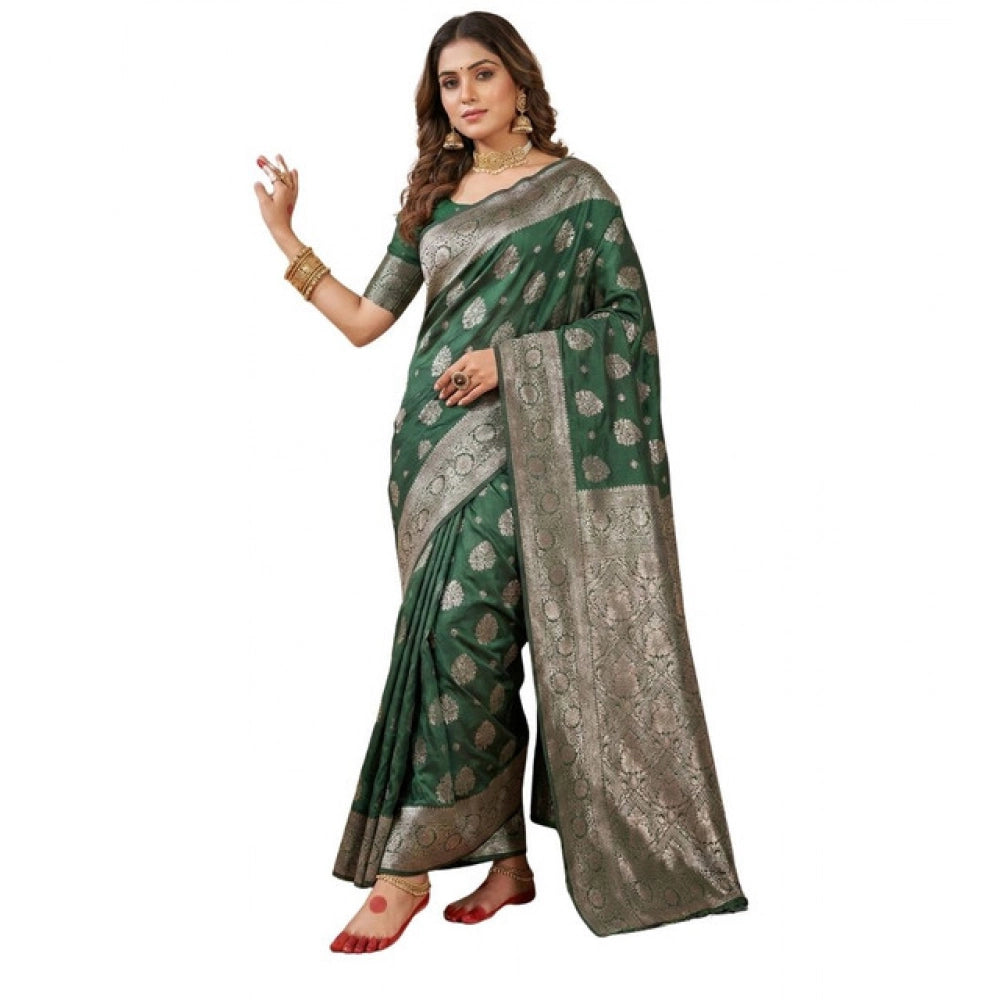 Women's Silk Blend Printed Saree With Unstitched Blouse 5.5 Mtr (Dark Green)