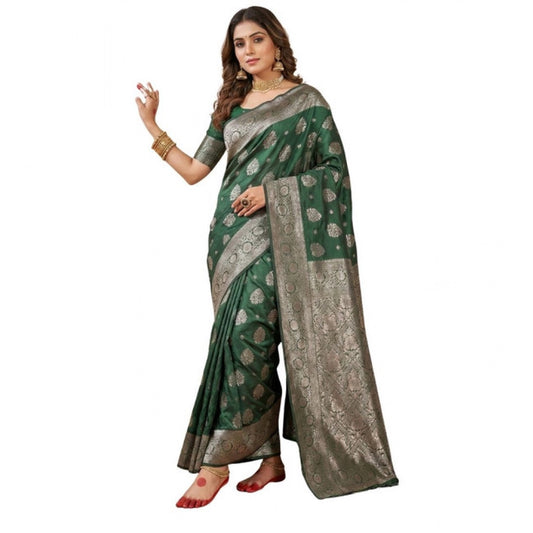 Women's Silk Blend Printed Saree With Unstitched Blouse 5.5m (Dark Green)