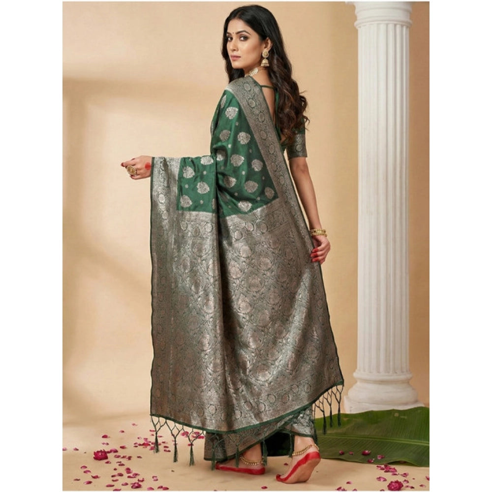 Women's Silk Blend Printed Saree With Unstitched Blouse 5.5 Mtr (Dark Green)