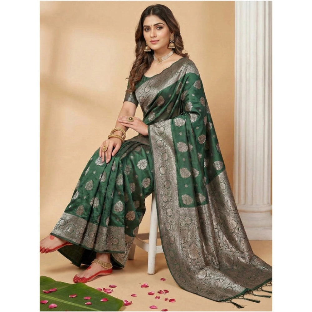 Women's Silk Blend Printed Saree With Unstitched Blouse 5.5 Mtr (Dark Green)