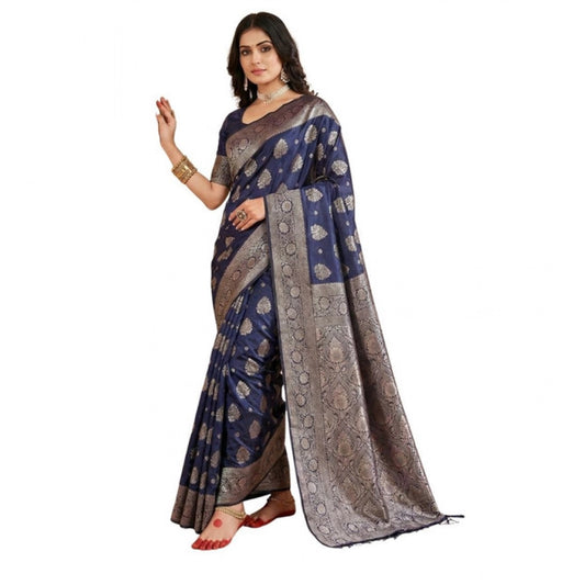 Women's Silk Blend Printed Saree With Unstitched Blouse 5.5m (Navy Blue)