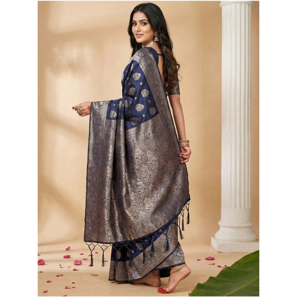 Women's Silk Blend Printed Saree With Unstitched Blouse 5.5 Mtr (Navy Blue)