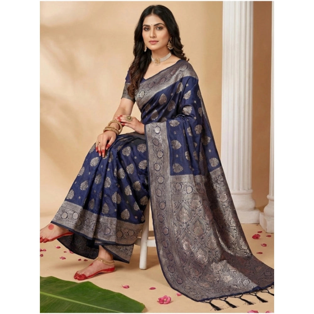 Women's Silk Blend Printed Saree With Unstitched Blouse 5.5 Mtr (Navy Blue)
