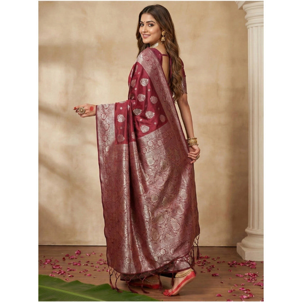 Women's Silk Blend Printed Saree With Unstitched Blouse 5.5 Mtr (Maroon)