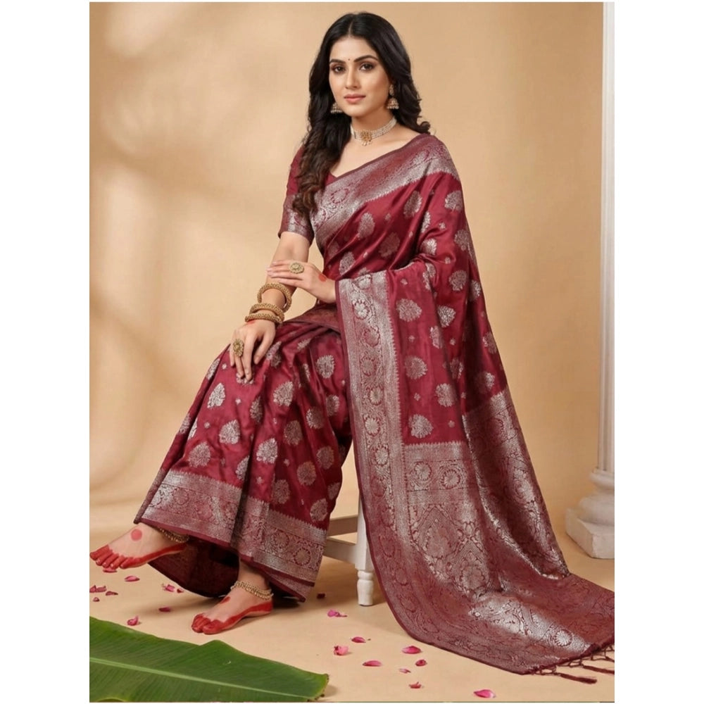Women's Silk Blend Printed Saree With Unstitched Blouse 5.5 Mtr (Maroon)