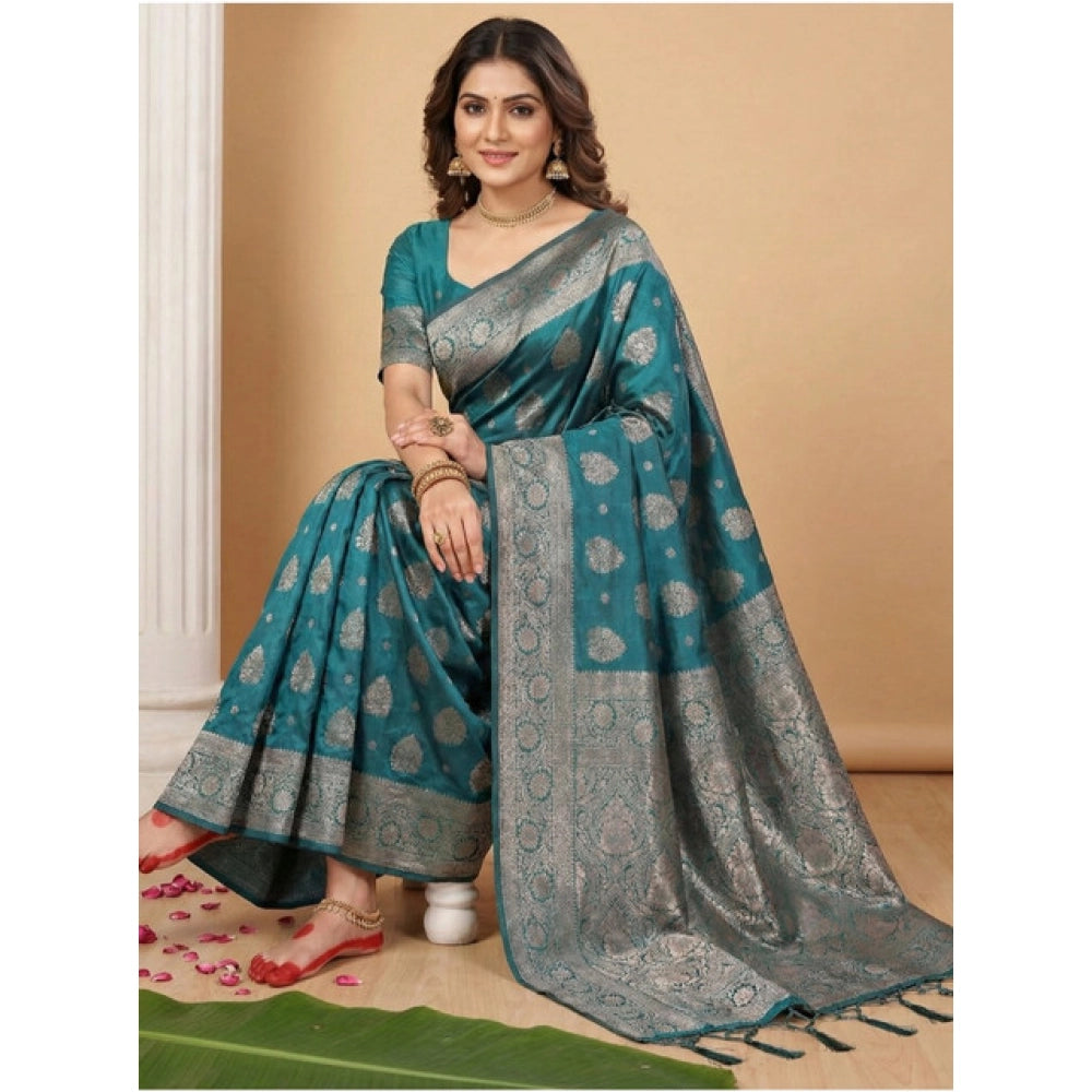Women's Silk Blend Printed Saree With Unstitched Blouse 5.5 Mtr (Sea Green)