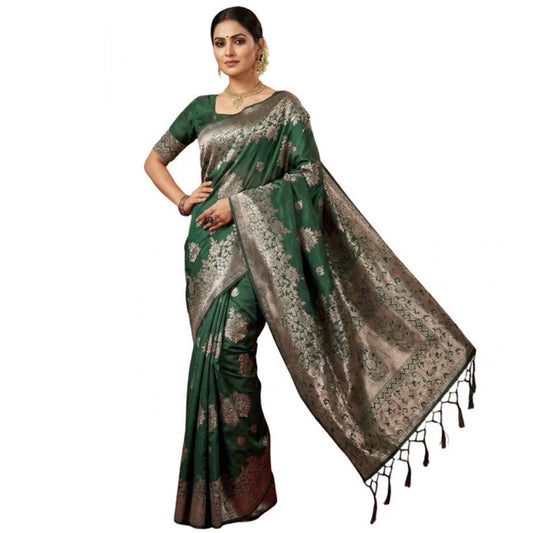 Women's Silk Blend Printed Saree With Unstitched Blouse 5.5m (Dark Green)