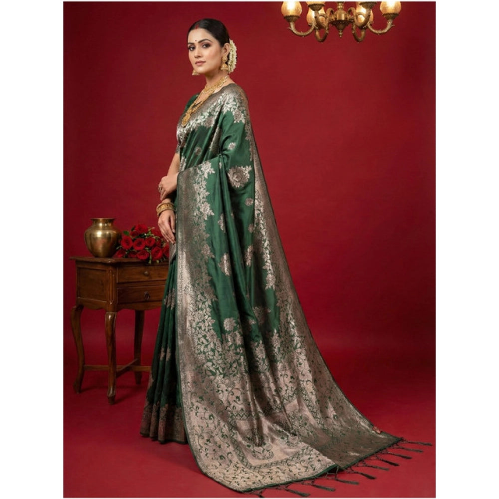 Women's Silk Blend Printed Saree With Unstitched Blouse 5.5 Mtr (Dark Green)