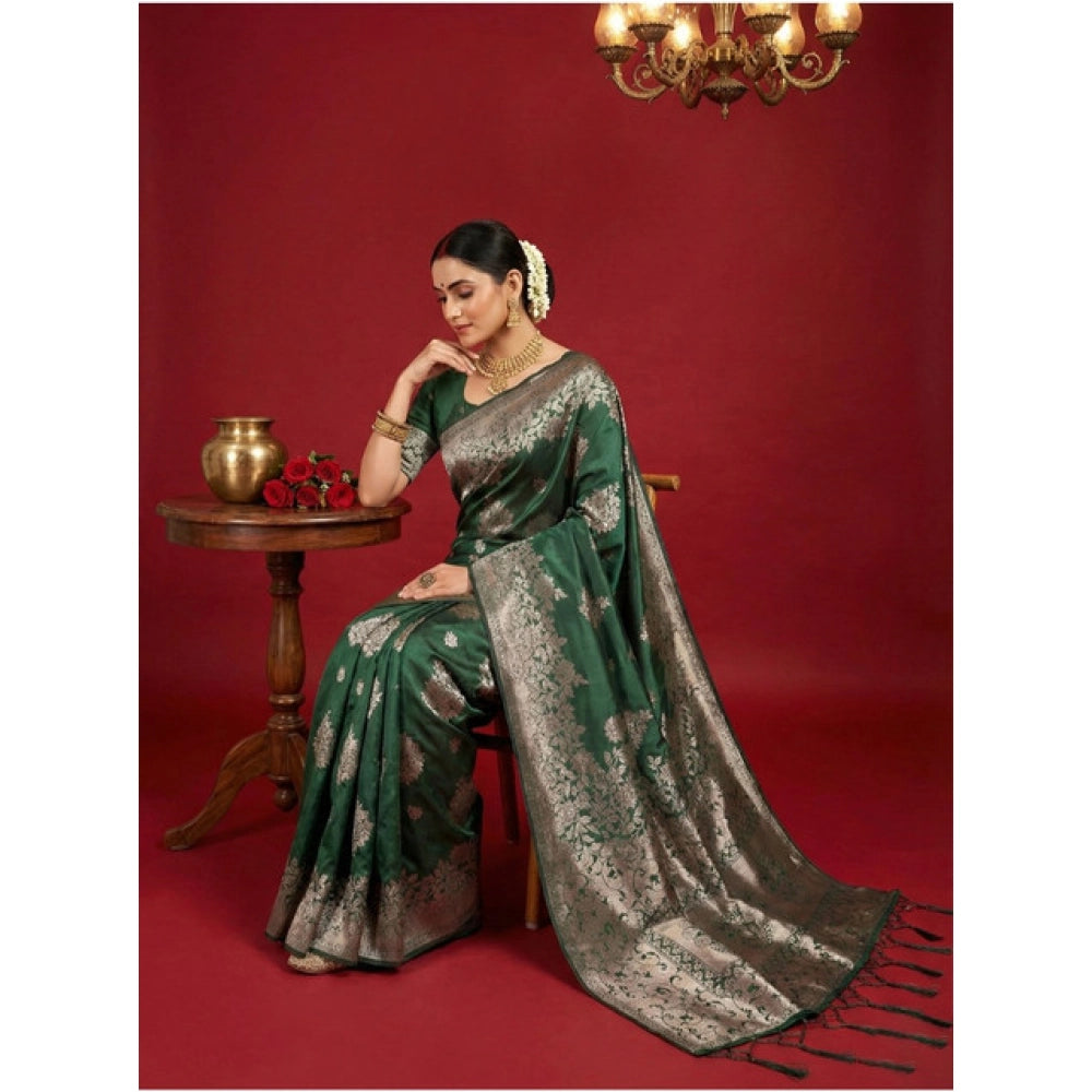 Women's Silk Blend Printed Saree With Unstitched Blouse 5.5 Mtr (Dark Green)