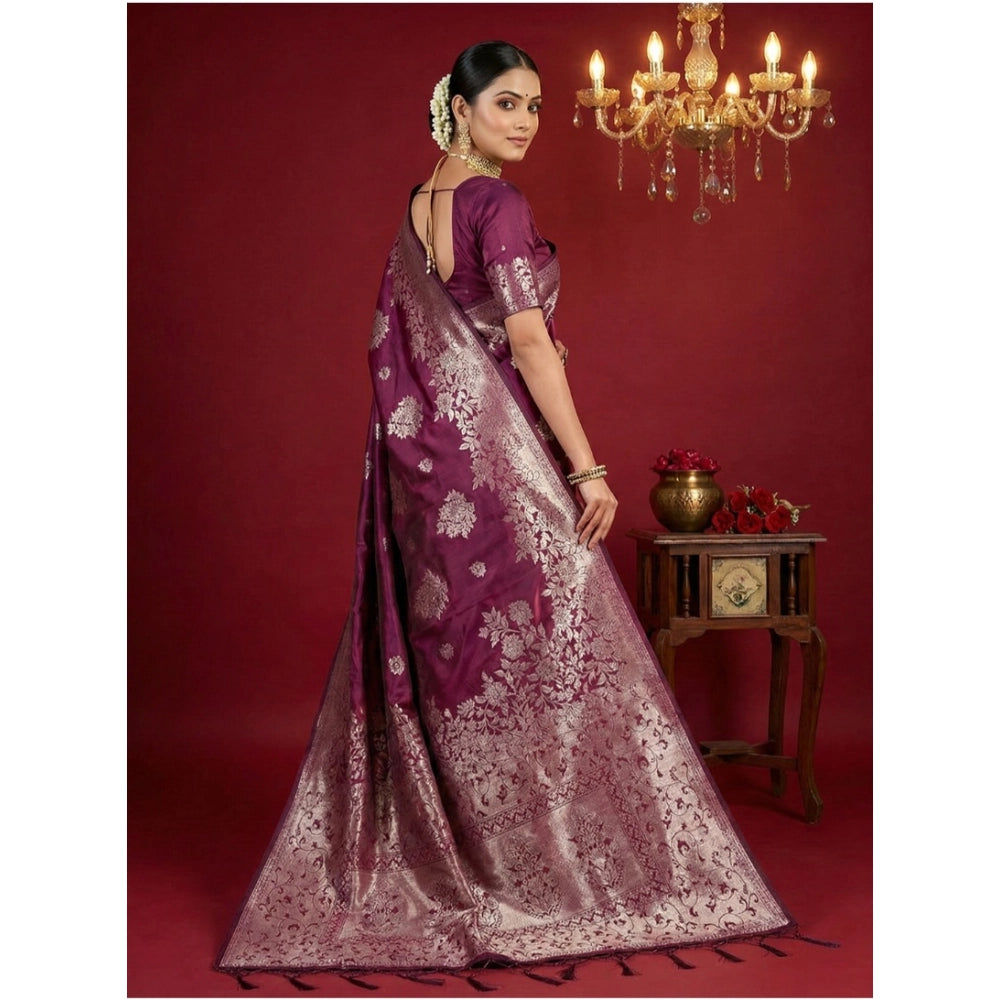 Women's Silk Blend Printed Saree With Unstitched Blouse 5.5 Mtr (Purple)